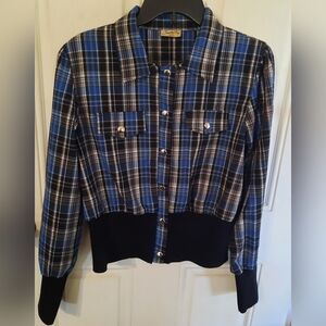 Janette Plus Blue and Black Bomber Jacket With Faux Pockets